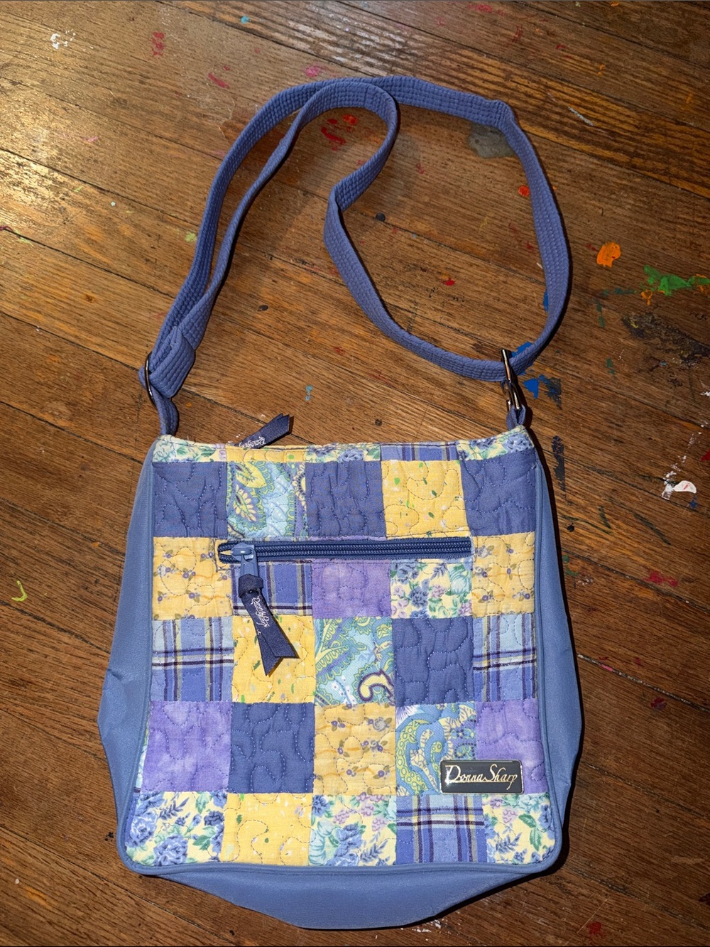 Patchwork Quilted Crossbody Bag in Blue & Yellow by Dana Sharp
